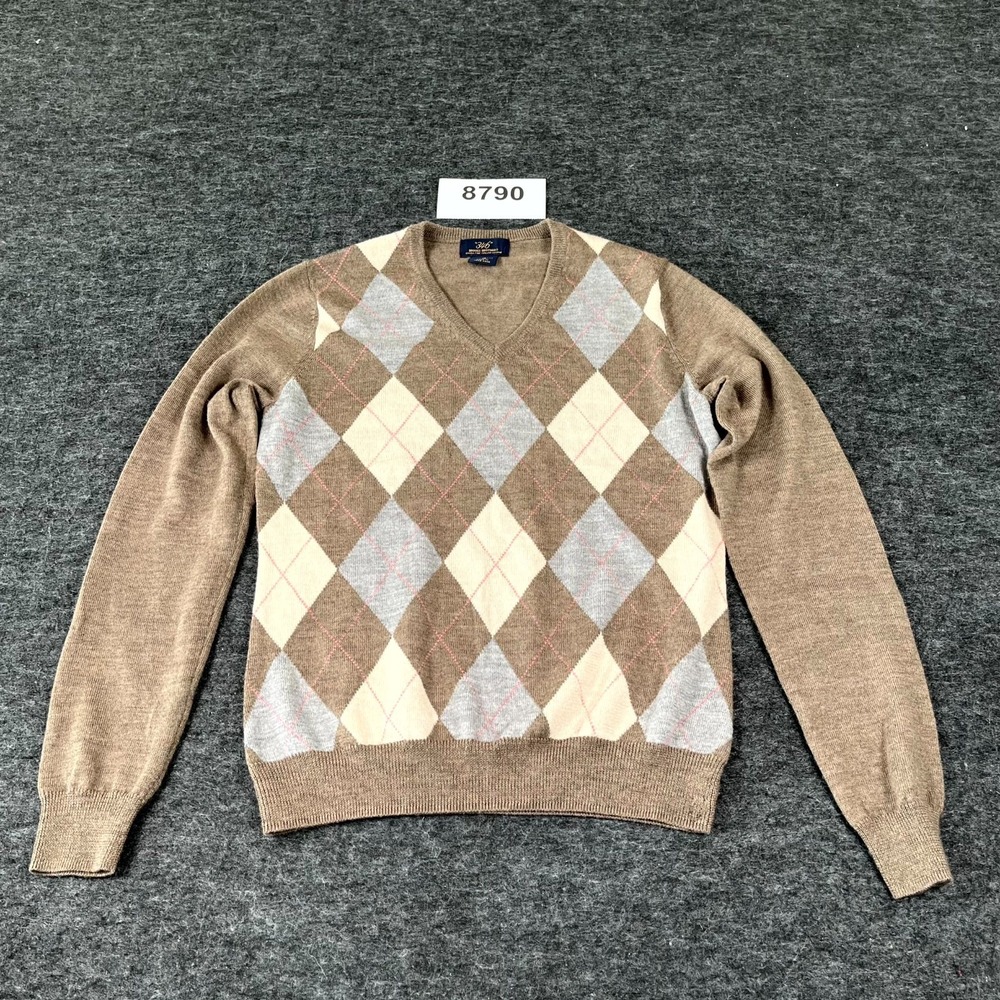 Brooks Brothers Sweater Mens XS Brown Argyle Merino Wool Tight Knit V Neck